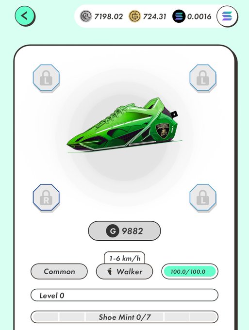 A screenshot from a sneaker NFT game displaying a green Common Walker shoe at Level 0 with 9,882 G tokens and a mint count of 0/7, showing wallet balances of 7,198.02 and 724.31 at the top.