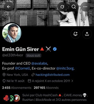 A Twitter/X profile page for 'Emin Gün Sirer' (@el33th4xor), identified as Founder and CEO of @avalabs, based in New York, USA.