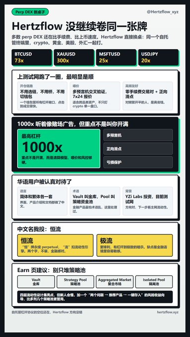 The image is a Chinese-language infographic titled "Hertzflow 没继续卷同一张牌" (Hertzflow isn't playing the same card) promoting the Hertzflow.xyz perp DEX, highlighting contracts like BTCUSD 73x, XAUUSD 300x, MSFTUSD 25x, and USDJPY 20x, alongside criticisms of rivals offering 1000x leverage, broken Chinese localization ("恒星流恒流"), and recommending their single Vault strategy over separate pools.

The post's caption reinforces the infographic's thesis: while competitor perp DEXs compete on the same metrics (fees, token listings), Hertzflow differentiates by offering diverse traditional finance contracts with high leverage in one terminal rather than relying on marketing gimmicks or planned roadmaps.