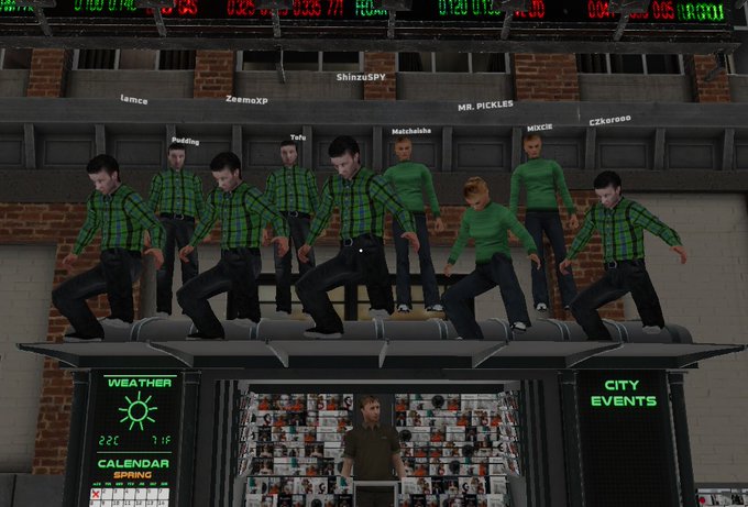 A screenshot from GTA RP (roleplay) showing multiple player avatars in green shirts and plaid shirts performing a synchronized dance on a rooftop above a city location with weather and calendar displays.