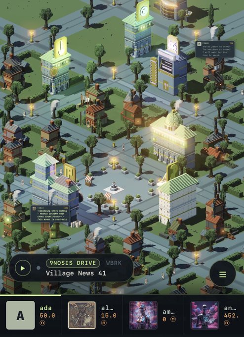 An isometric pixel art cityscape at dusk featuring buildings, trees, and streets, with a music player interface at the bottom showing '9nosis Drive - Village News 41'.