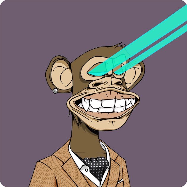 A cartoon Bored Ape-style monkey with glowing cyan laser eyes, wearing a tan suit jacket and polka dot tie, set against a purple background.