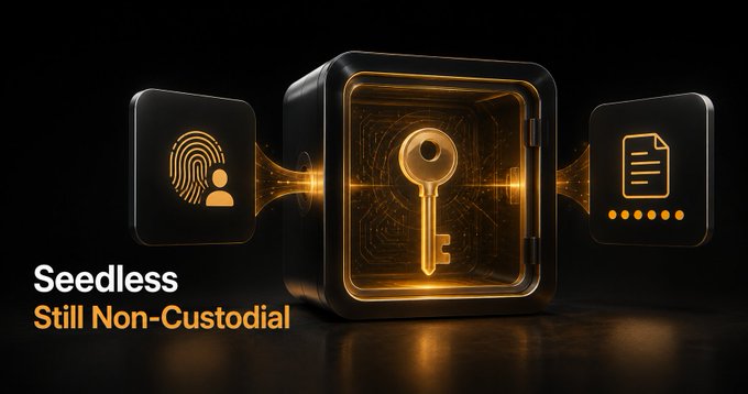 A digital graphic promoting "Seedless" and "Still Non-Custodial" security, showing a glowing golden key icon within a safe, connected by digital pathways to a fingerprint icon and a document icon.