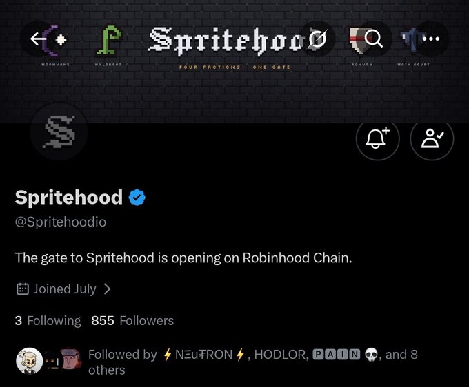 The X (Twitter) profile page for Spritehood (@Spritehoodio), verified with a blue checkmark, stating 'The gate to Spritehood is opening on Robinhood Chain' with 855 followers.