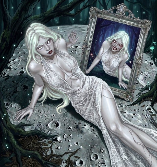 A fantasy illustration depicts a pale woman with long white hair in a sheer white dress, reaching toward an ornate mirror that reflects her image with a sinister smile, set in a dark, mystical forest.