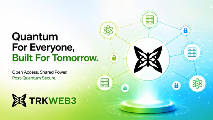 A promotional graphic for 'TRKWEB3' with the tagline 'Quantum For Everyone, Built For Tomorrow' and icons representing atoms, servers, and security locks.