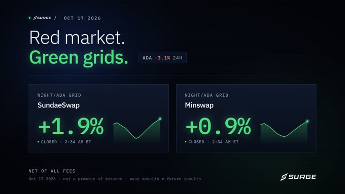 Crypto dashboard from SURGE dated 'OCT 17 2026' with the headline 'Red market. Green grids.', showing ADA -3.1% 24H, with NIGHT/ADA GRID results for SundaeSwap (+1.9%) and Minswap (+0.9%), both closed at 2:34 AM ET.