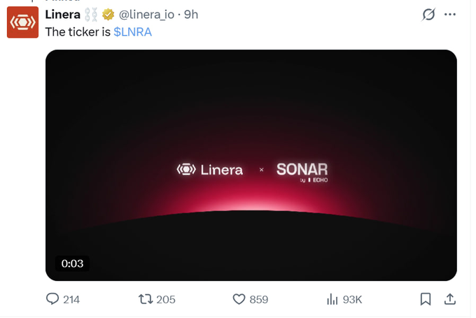 A tweet from Linera (@linera_io) announcing their ticker as $LNRA, featuring a partnership video thumbnail with Sonar by Echo. The post promotes Linera's L1 token launch and airdrop farming opportunity, referencing the crypto project's $12M funding from A16z and Borderless.