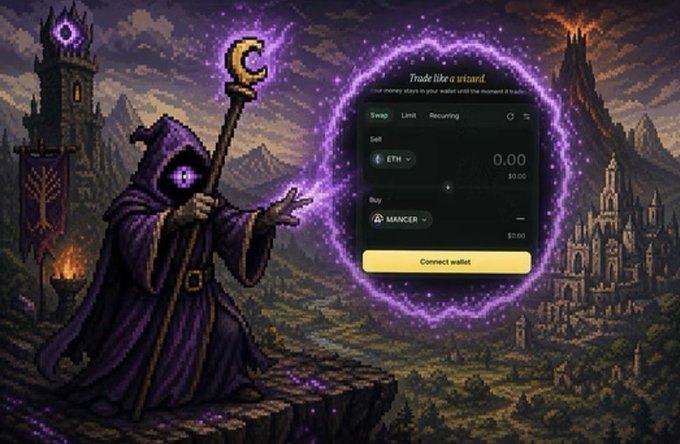 A fantasy-themed cryptocurrency website featuring a purple-robed wizard with a staff next to a trading interface titled 'Trade like a wizard,' which includes options to Swap or Limit trade ETH using the Mancer platform.
