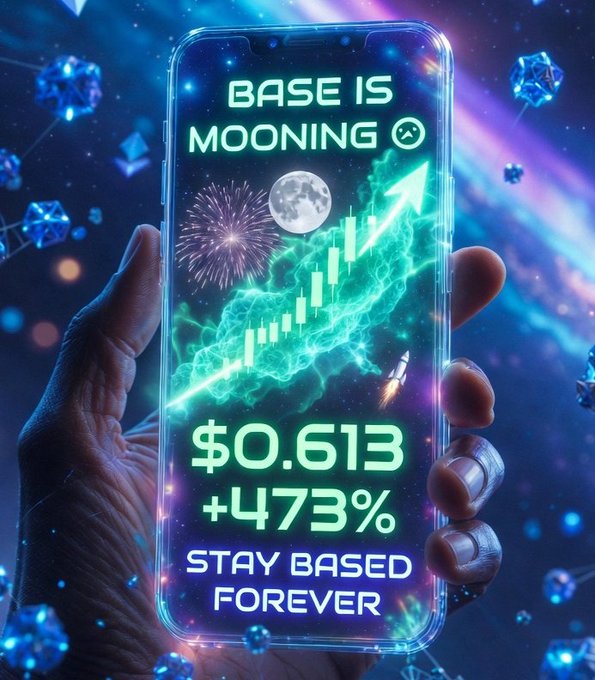 The image features a cell phone with an app icon, which appears to be a gaming or chart-based application. The main content of this app includes a graph with a rocket launching from the top left corner and a full moon located at the center of the screen. Additionally, there is text on the cell phone screen reading "BASE IS MOONING", "X token", "Base", and "0.6613 + 473.33%". The app icon itself is designed to resemble an active rocket launch, indicating that it may be a gaming or chart-related application related to base symbols or celestial elements.