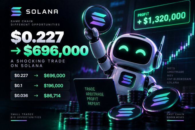 A Solana cryptocurrency promotional graphic features a robot holding a Solana coin, advertising profits with text including "$0.227 → $696,000" and "A SHOCKING TRADE ON SOLANA."