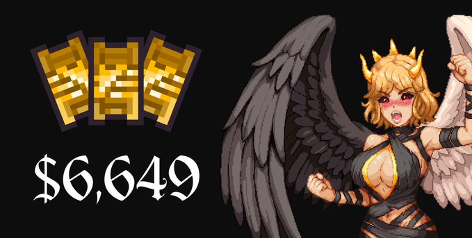 An illustration of an anime-style angel character with wings and a golden crown next to three pixelated gold icons and the text '$6,649' on a black background.