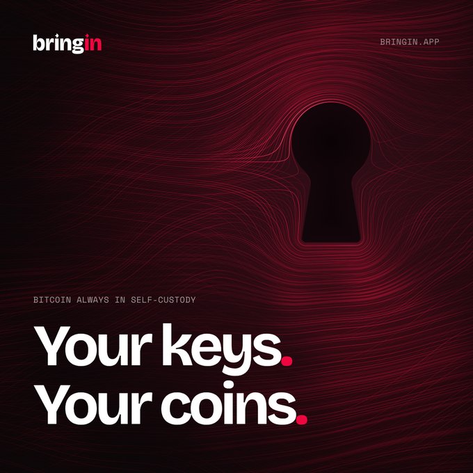 An advertisement for 'bringin' with the tagline 'BITCOIN ALWAYS IN SELF-CUSTODY' and 'Your keys. Your coins.' next to a keyhole graphic.