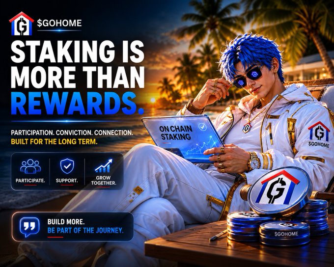 A crypto promotional banner for '$GOHOME' featuring an anime-style character with blue hair using a tablet, with the headline 'STAKING IS MORE THAN REWARDS' and tags 'PARTICIPATE', 'SUPPORT', and 'GROW TOGETHER'.