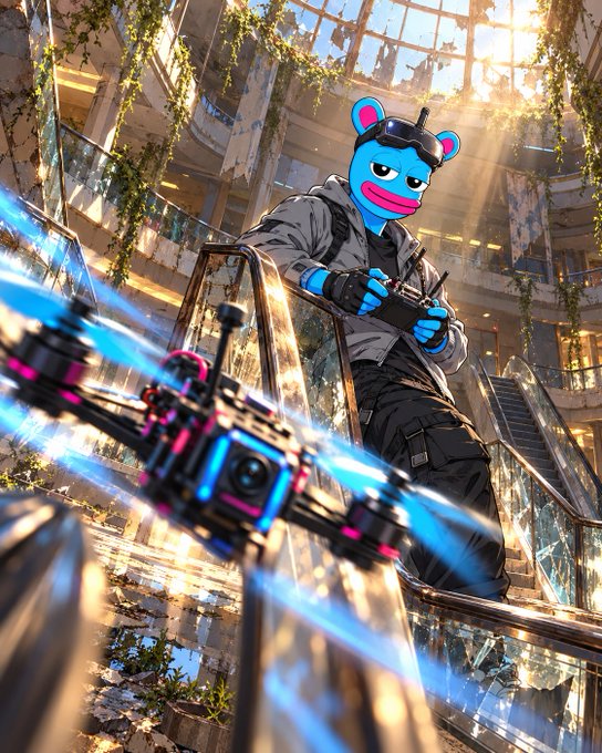 A vibrant illustration of a blue cartoon bear character wearing goggles and tactical gear, holding a remote controller for a glowing blue and pink drone, standing on the escalator of an abandoned overgrown mall with sunlight streaming through broken ceilings.