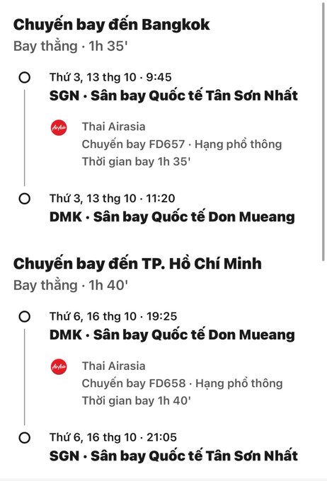 A flight booking interface in Vietnamese showing 'Chuyến bay đến Bangkok' (Flight to Bangkok) and 'Chuyến bay đến TP. Hồ Chí Minh' (Flight to Ho Chi Minh City) with Thai Airasia flight options for October.