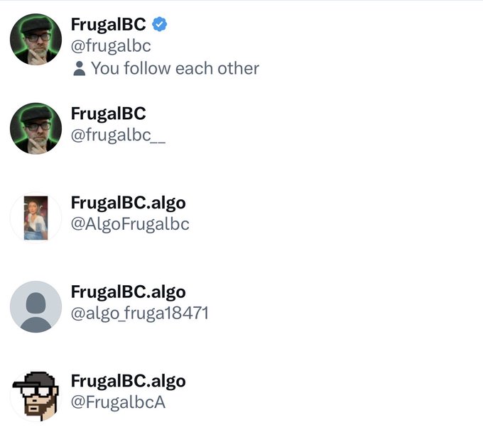 A screenshot of search results on a social media platform for 'FrugalBC', showing multiple account variations including @frugalbc, @frugalbc__, @AlgoFrugalbc, @algo_fruga18471, and @FrugalbcA.