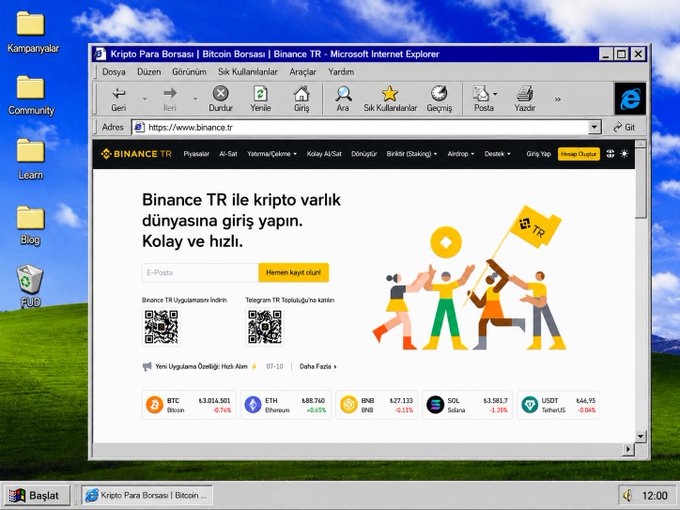 A nostalgic Windows XP-styled screenshot of the Binance TR homepage featuring its blue sky "Bliss" wallpaper, with the page headline reading "Binance TR ile kripto varlık dünyasına giriş yapın. Kolay ve hızlı." (Start → Introduction to the Crypto World → Fast and Easy), accompanied by live ticker prices for BTC ($63,014.50, -0.76%), ETH ($3,587.40, +0.03%), BNB ($577.13, -0.11%), SOL ($153.81, -1.38%), and USDT ($34.35, -0.04%).