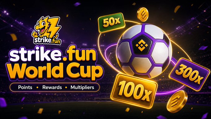 The image features a poster advertising Strike.Fun World Cup with a soccer ball at its center. The poster also includes text about the BNB Chain Prediction Markets, which are powered by FLAP AI oracle infrastructure. The poster suggests that players can make predictions on the outcome of the World Cup and potentially win points, rewards, and Multipliers in return for their predictions.