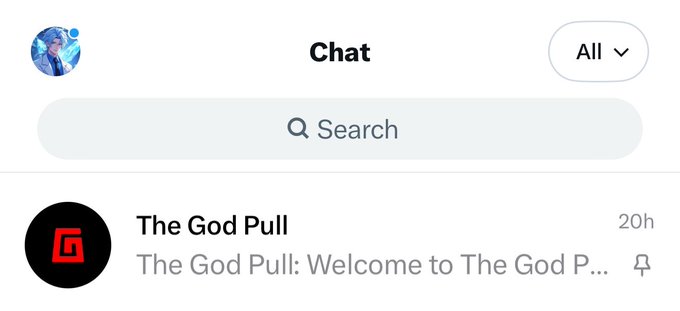 A chat interface showing a message from "The God Pull" reading "The God Pull: Welcome to The God P..." sent 20 hours ago, with a search bar above and an "All" filter in the top right, reflecting the post's mention of a potential collaboration opportunity with limited spots available.