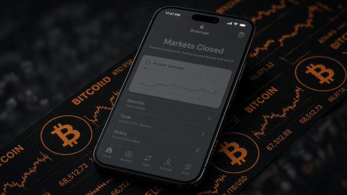 The image shows a smartphone displaying a brokerage app with a "Markets Closed" notice and Account Overview, resting on a background of Bitcoin charts showing the BTC logo and ticker data with prices near $66,212-$68,571. The visual reinforces the post's theme by contrasting Bitcoin's active price movement shown in the background charts with the still, closed-market trading interface on the phone, suggesting $MSTR is poised to follow Bitcoin's momentum when markets reopen.