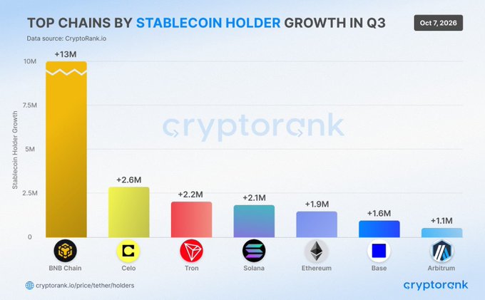 A bar chart titled "Top Chains by Stablecoin Holder Growth in Q3" (dated Oct 7, 2026) shows BNB Chain leading with +13M new stablecoin holders, far surpassing Celo (+2.6M), TRON (+2.2M), Solana (+2.1M), Ethereum (+1.9M), Base (+1.6M), and Arbitrum (+1.1M), visually reinforcing the post's claim of BNB Chain's dominance in stablecoin adoption.