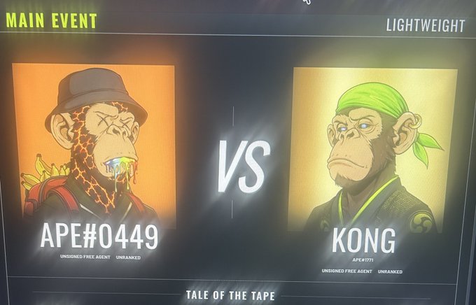 A video game matchup screen titled 'MAIN EVENT' featuring two characters: APE#0449 (a monkey with a glowing lava-textured face) versus KONG (APE#1771, a monkey with a green bandana), with 'TALE OF THE TAPE' at the bottom.