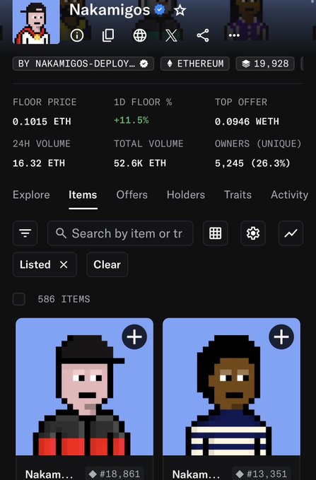 Mobile screenshot of an NFT collection page for 'Nakamigos' on Ethereum, showing a floor price of 0.1015 ETH, 24h volume of 16.32 ETH, and 5,245 unique owners, with pixel-art character listings below.