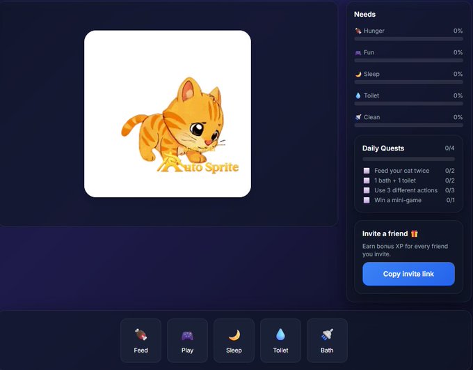 A virtual pet game interface featuring a cartoon orange tabby cat labeled "Auto Sprite" displays various needs (Hunger, Fun, Sleep, Toilet, Clean) all at 0%, daily quests tracking 0/4 completion, and action buttons (Feed, Play, Sleep, Toilet, Bath) at the bottom, alongside an "Invite a friend" referral section. This aligns with the Turkish post describing a simplified "my talking tom"-style mini-game the developer created on the Base blockchain to build for a potential Base airdrop.