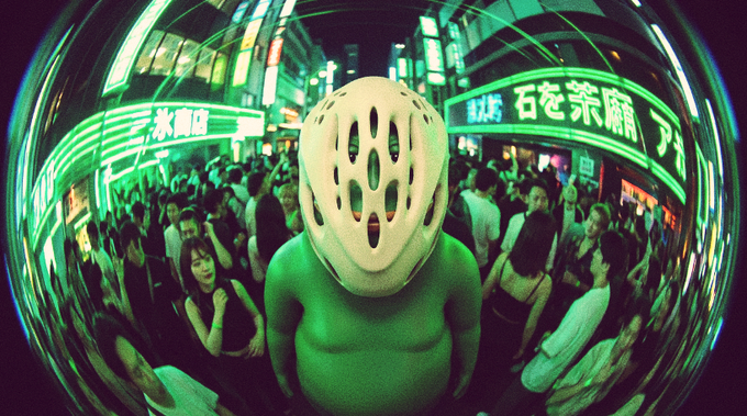 A person wearing a slotted, alien-like mask stands in the foreground of a fish-eye lens photograph capturing a crowded neon-lit street, likely in Japan, with Japanese signs visible in the background including "永岡" and "石を笑顔". The scene is bathed in an eerie green glow that gives the bustling crowd a surreal, otherworldly atmosphere.