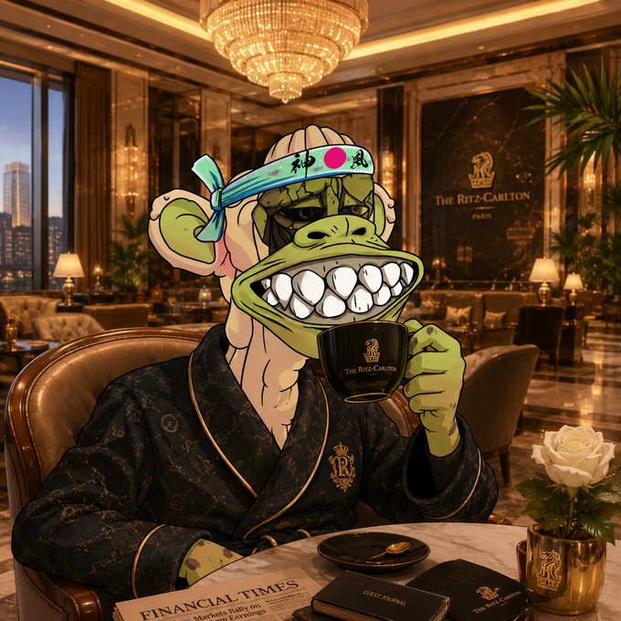 A whimsical AI-generated image of a cartoonish green ape-like creature with a bandana and a wide toothy grin, wearing a luxurious black monogrammed robe, sipping from a 'The Ritz-Carlton' coffee cup in an opulent hotel lobby, with a 'Financial Times' newspaper on the table.