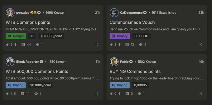 Four posts on a crypto trading platform showing users buying and selling 'Commons points,' with one post offering a 'Commonsmade Vouch' bounty of 60 USDC.
