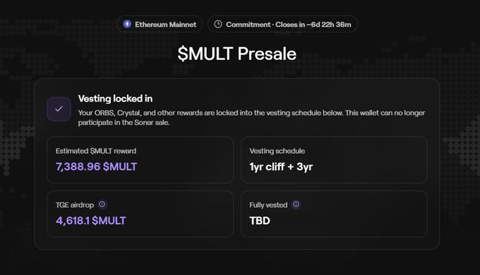 A cryptocurrency presale dashboard for $MULT showing vesting details, including an estimated reward of 7,388.96 $MULT, a 1yr cliff + 3yr schedule, and a TGE airdrop of 4,618.1 $MULT.