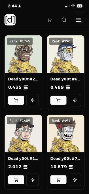A mobile app marketplace ('[d]') displaying 'Dead y00t' NFT collectibles with ranks like #1765, #390, #1489, and #494, priced in SOL.