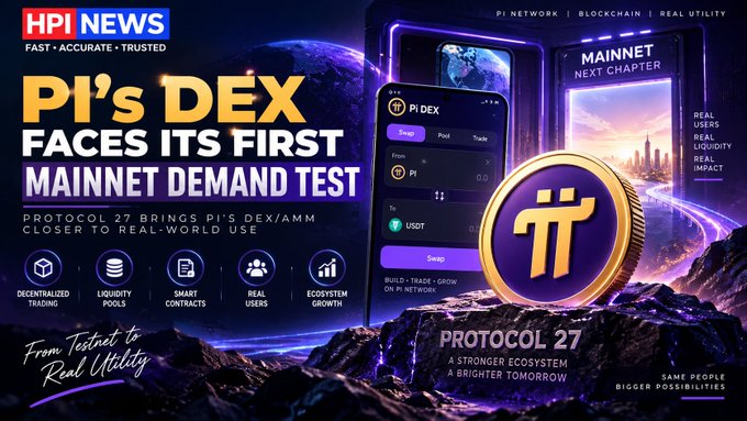 A promotional graphic from 'HPI NEWS' titled 'Pi's DEX FACES ITS FIRST MAINNET DEMAND TEST,' advertising Protocol 27 and its decentralized exchange features with a cosmic purple and blue theme.