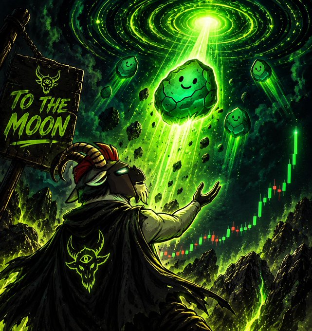 A digital illustration of a hooded, horned figure in a cloak gazing up at a smiling green meteor falling from a swirling vortex, with a 'TO THE MOON' sign and a stock chart overlay.