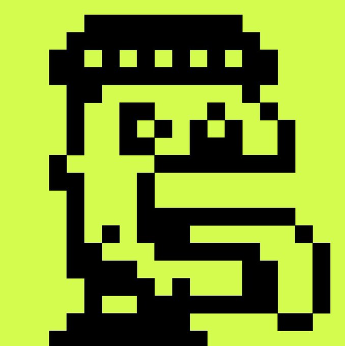 A pixel art-style black-and-white illustration of a stylized face wearing sunglasses on a bright yellow-green background.