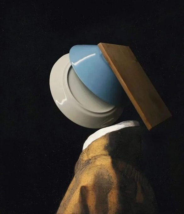 A surreal painting depicting a gloved hand holding a precarious stack of objects against a black background, including a white bowl, a blue dish, and a wooden block.