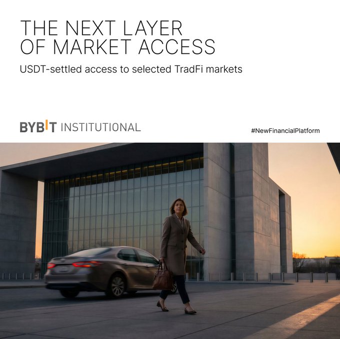 Promotional banner for Bybit Institutional reading 'THE NEXT LAYER OF MARKET ACCESS – USDT-settled access to selected TradFi markets' with the hashtag #NewFinancialPlatform, featuring a professional woman walking past a luxury sedan in front of a modern building.