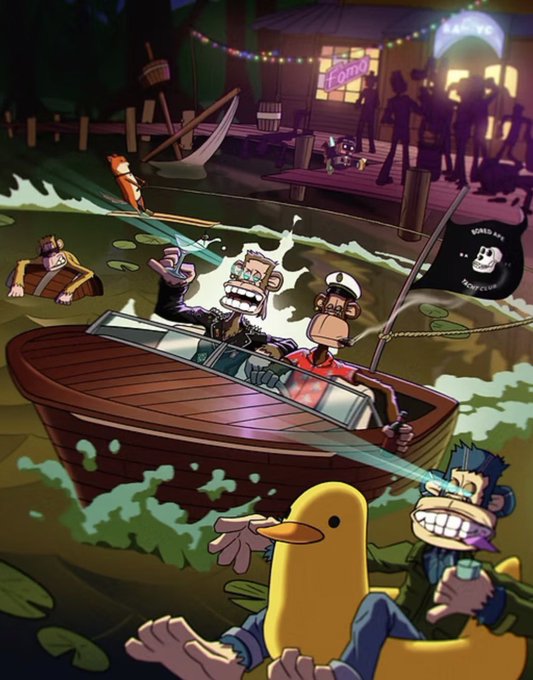 A cartoon-style illustration depicting a chaotic party scene on a dock with pirate-themed characters in a boat, a large yellow rubber duck being ridden by a character, and festive string lights overhead.