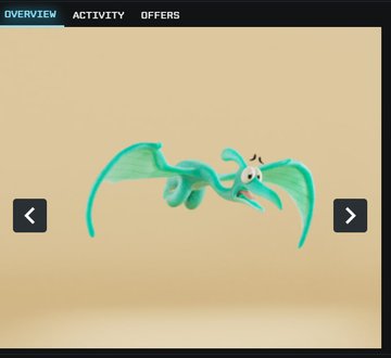 A screenshot from a game or app interface displaying a small turquoise dragon-like creature against a beige background, with 'OVERVIEW', 'ACTIVITY', and 'OFFERS' tabs at the top.