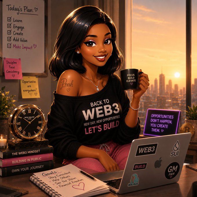 A stylized illustration of a woman holding a coffee mug labeled "FOCUS BUILD ELEVATE" while sitting at a laptop covered in Web3-themed stickers (WEB3, SUI, BUILD, WALNUS, GM FAM) with a notebook of goals and a "Back to Web3 - Let's Build" sweater, perfectly capturing the post's message of returning to the crypto space motivated by discipline and opportunity.