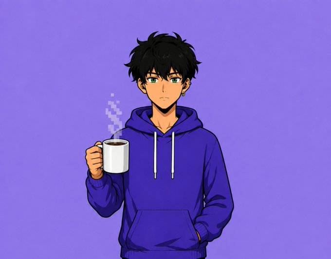 An anime-style illustration of a young man with messy black hair wearing a purple hoodie and holding a steaming white mug of coffee against a purple background.