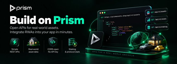 A promotional banner titled "Build on Prism" highlighting open APIs for real-world assets, featuring icons for simple REST APIs, real-world asset data, CORS support, and staking stats. The image displays a code snippet for "GET https://prismassets.shop/api/v1/assets" alongside visual representations of houses, a car, and gold bars, reinforcing the message about integrating RWAs ("real-world assets") into apps in minutes.