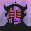 A pixelated, low-resolution image of a purple figure with horns and a striped face wearing a black hat and dark clothing.