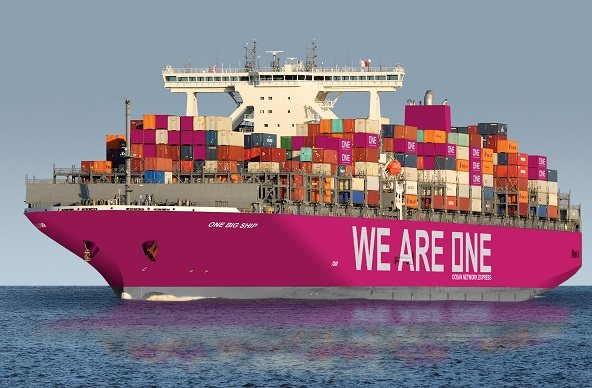 A large pink container ship named 'ONE ARGO SHIP' sails on the ocean, its hull bearing the slogan 'WE ARE DONE' and stacked high with colorful shipping containers.