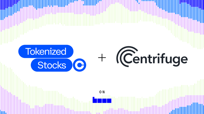 A graphic with a colorful striped border shows logos for "Tokenized Stocks" and "Centrifuge" separated by a plus sign, with "ON" text below.