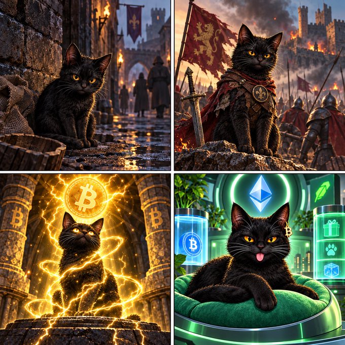 A four-panel collage showing black cats in various fantasy and sci-fi settings, including medieval battlefields with knight armor and cryptocurrency symbols like Bitcoin and Ethereum.