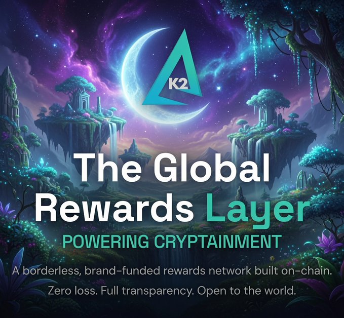 A promotional graphic for 'K2 - The Global Rewards Layer' describing itself as 'POWERING CRYPTAINMENT' with a fantasy landscape featuring floating islands, a crescent moon, and a triangular K2 logo.