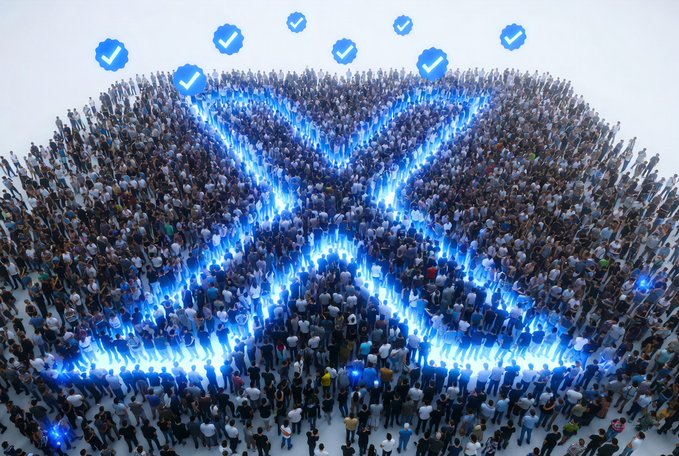 A conceptual 3D illustration shows a large crowd of people forming the shape of the X (formerly Twitter) logo, with glowing blue flames and blue checkmark notification bubbles floating above.